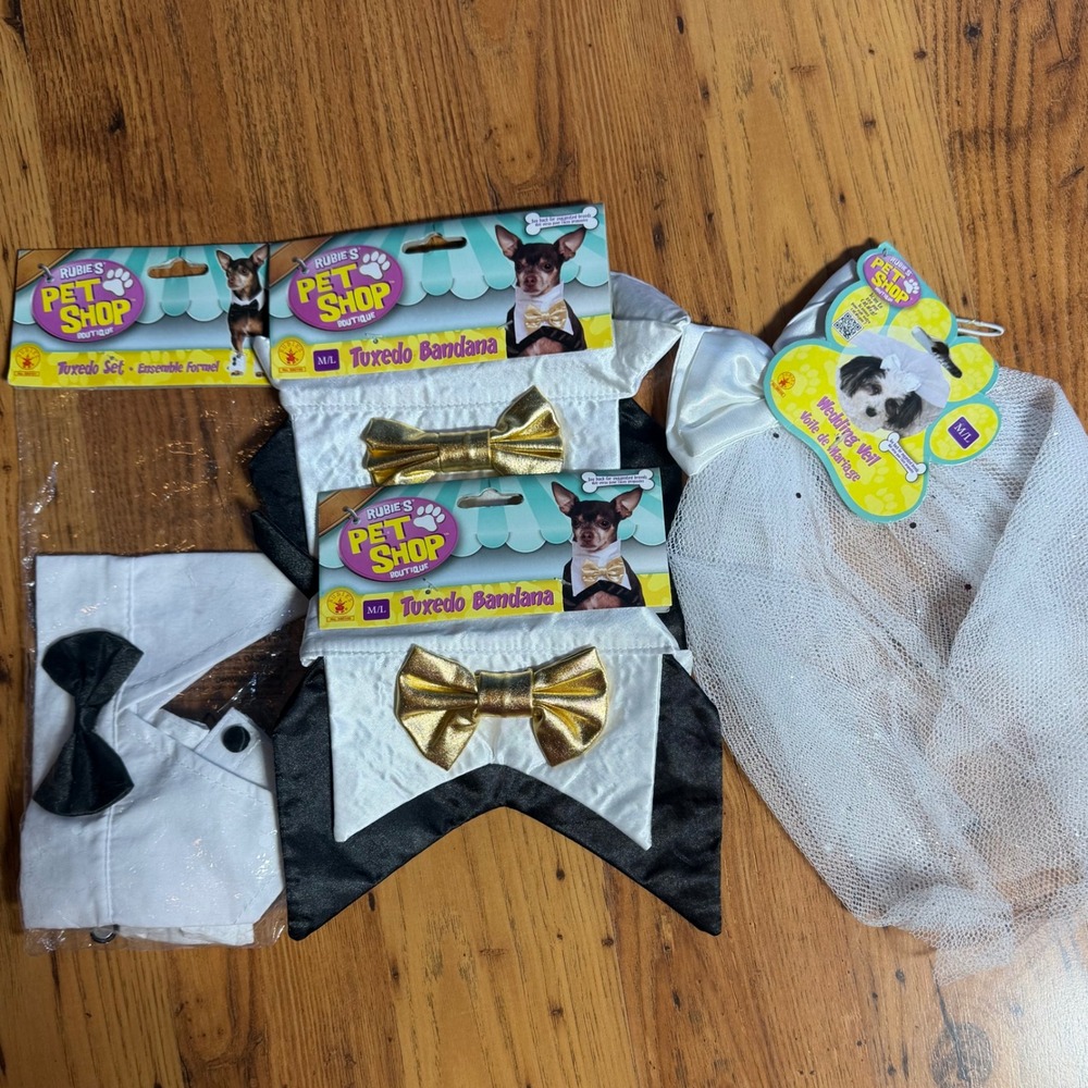 Rubies Pet Shop Boutique Wedding Bundle Tuxedo Bandanas Veil Set 4pc NEW